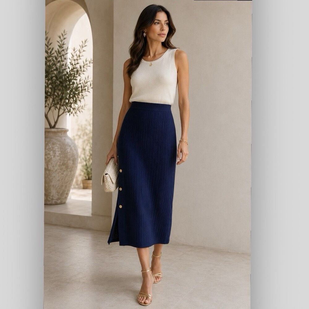 Misook Navy Blue Ribbed Knit Midi Skirt Gold Button Size Medium Pull On Stretch